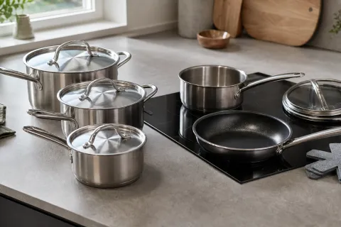 A matching saucepan set beside an individual saucepan and non-stick frying pan on an induction hob