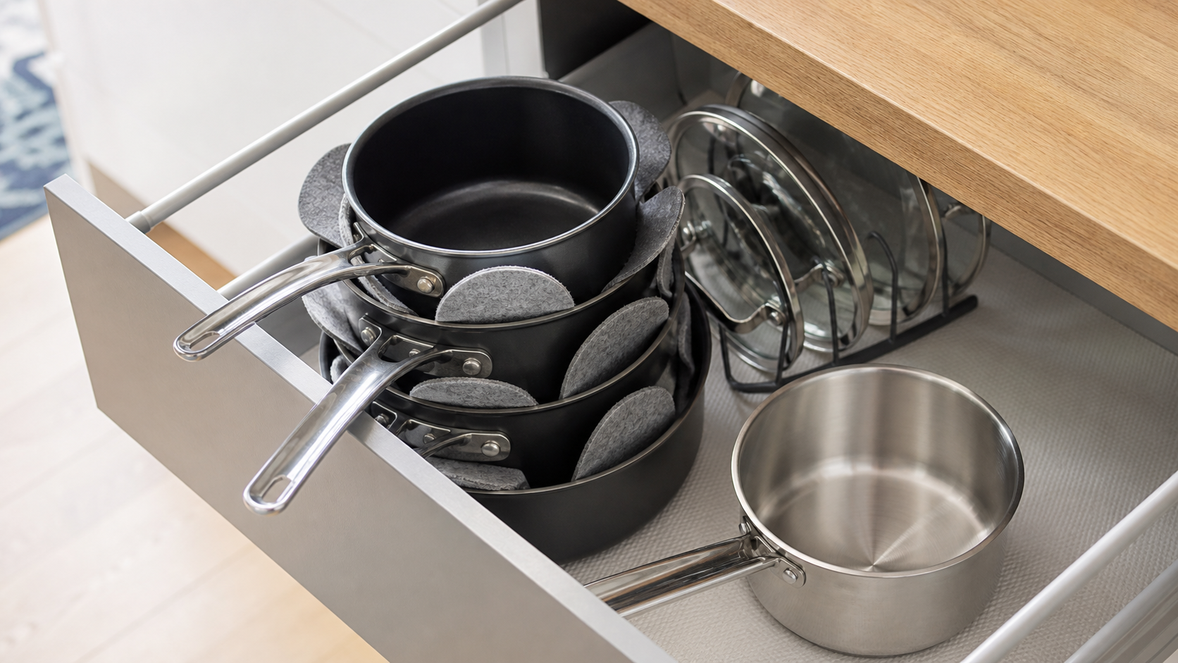 Stacked non-stick pans separated by pan protectors in a kitchen drawer with lids stored upright