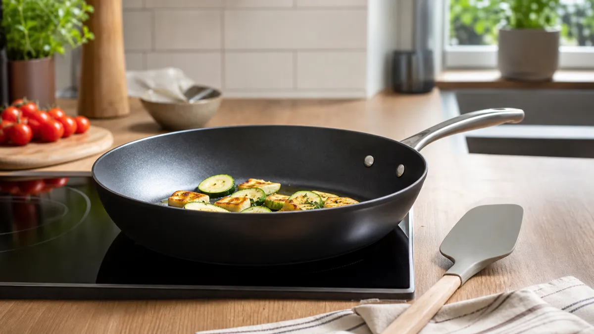 Non-stick frying pan cooking courgettes on an induction hob beside a silicone spatula