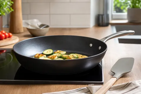 Non-stick frying pan cooking courgettes on an induction hob beside a silicone spatula