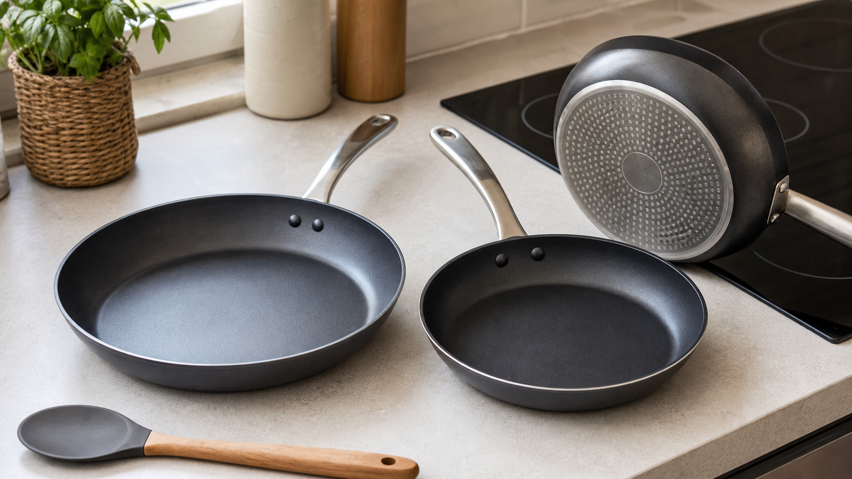 Two non-stick frying pans showing different flat cooking areas and induction base sizes