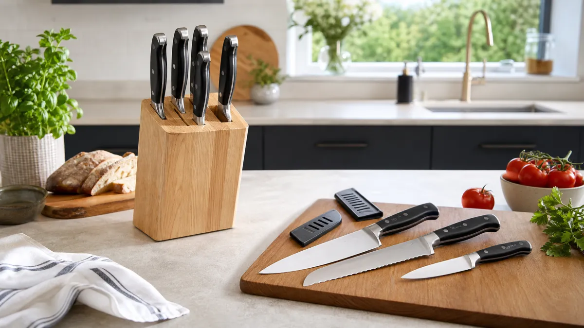 Wooden knife block beside three individual kitchen knives with blade guards on a kitchen worktop