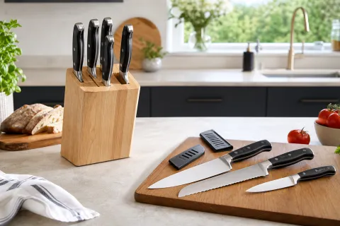 Wooden knife block beside three individual kitchen knives with blade guards on a kitchen worktop