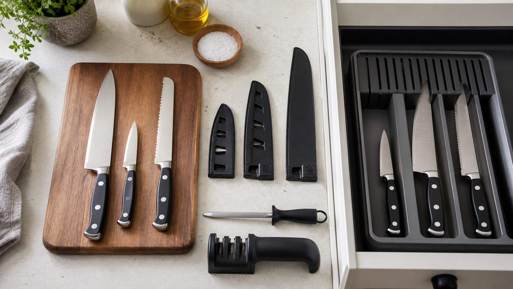 Three starter kitchen knives beside blade guards, a sharpener and an in-drawer knife organiser
