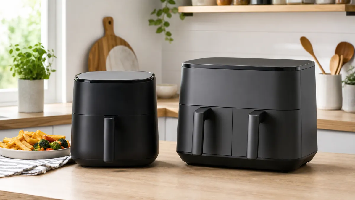 A single-basket air fryer beside a larger dual-zone air fryer on a kitchen worktop