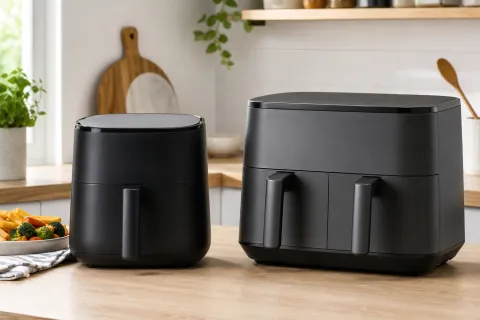 A single-basket air fryer beside a larger dual-zone air fryer on a kitchen worktop