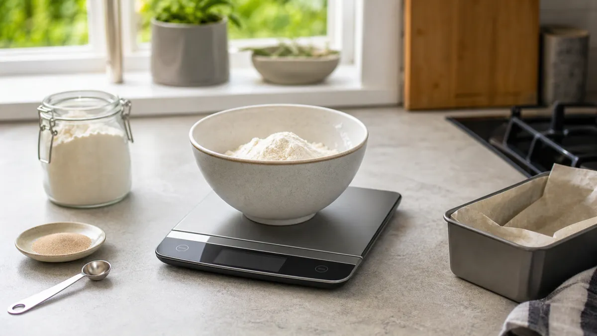 Digital kitchen scale holding a mixing bowl of flour beside yeast, a spoon and a loaf tin on a kitchen worktop
