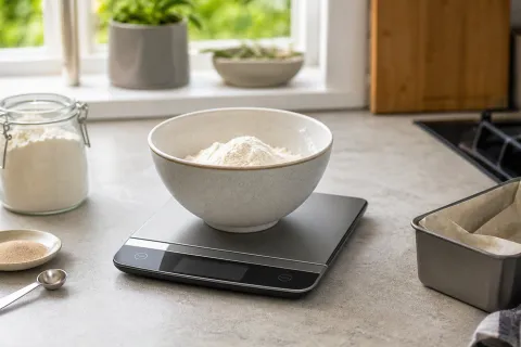 Digital kitchen scale holding a mixing bowl of flour beside yeast, a spoon and a loaf tin on a kitchen worktop
