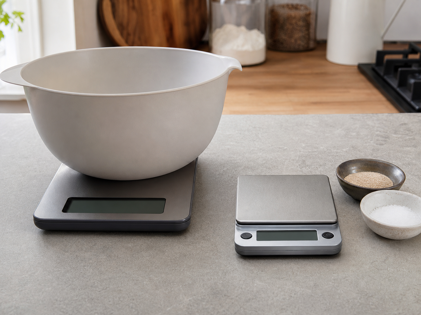 A large bowl on an everyday kitchen scale beside a compact precision scale with small bowls of yeast and salt