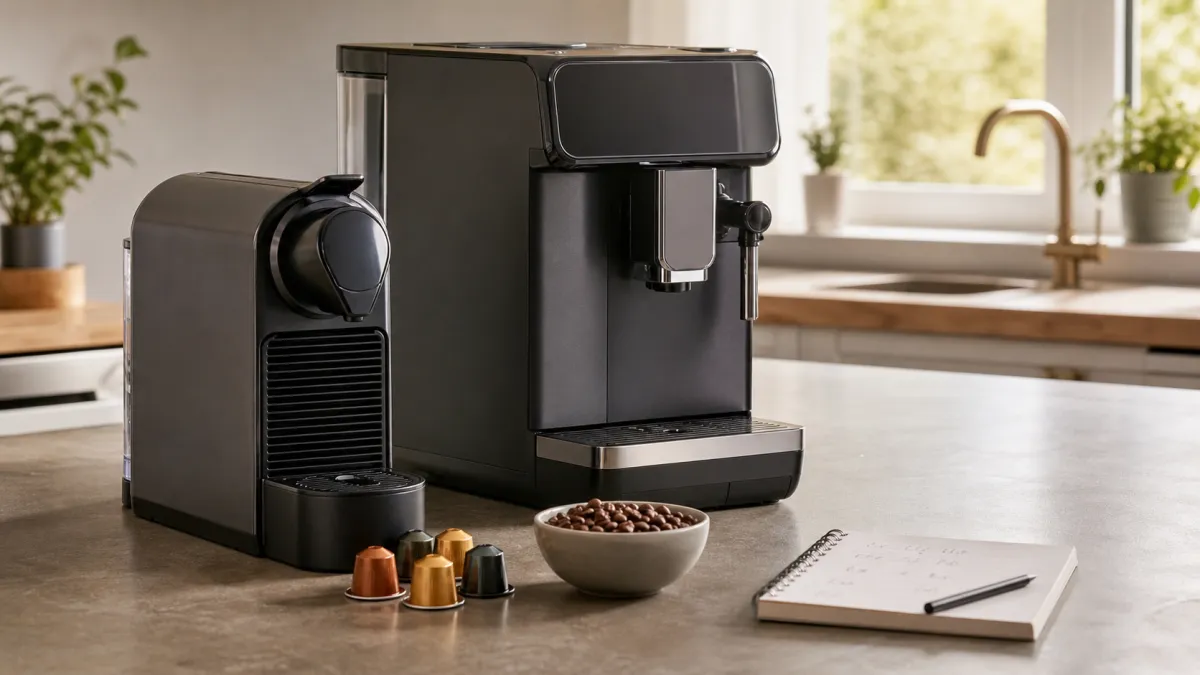 Pod and bean-to-cup coffee machines on a kitchen worktop with coffee capsules, beans and a notebook