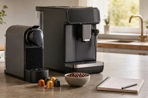 Pod and bean-to-cup coffee machines on a kitchen worktop with coffee capsules, beans and a notebook