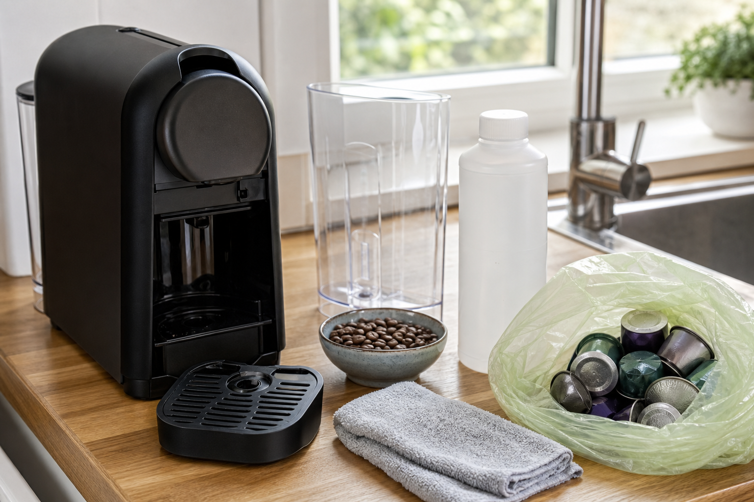 Pod coffee machine maintenance setup with used capsules, coffee beans, descaler, cloth and water tank