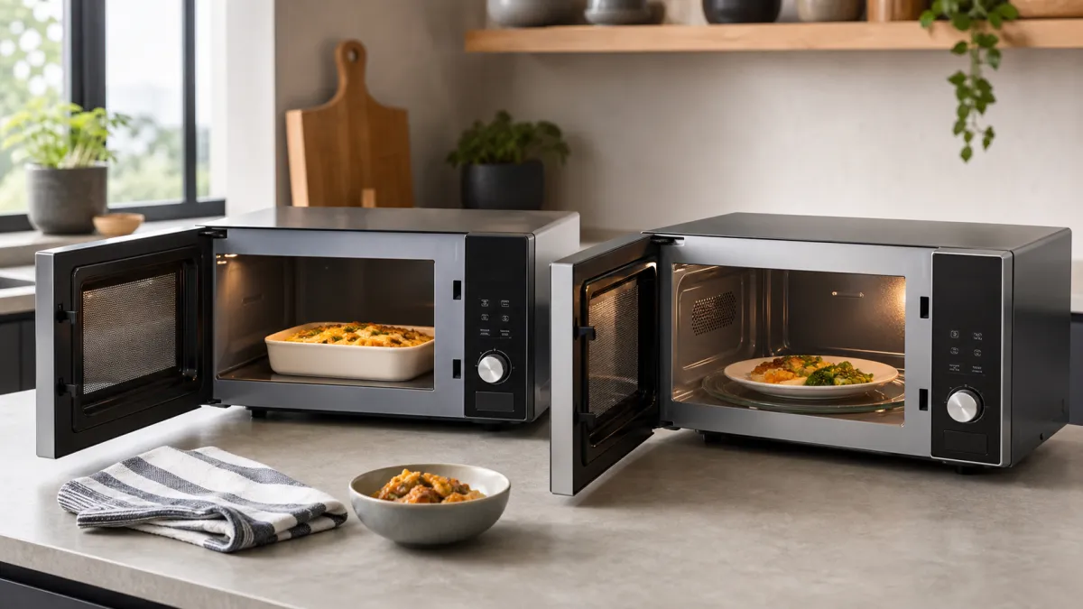 Two open microwaves on a kitchen worktop, one with a rectangular dish in a flatbed cavity and one with a plate on a glass turntable