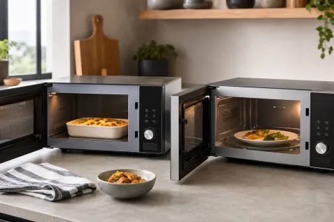Two open microwaves on a kitchen worktop, one with a rectangular dish in a flatbed cavity and one with a plate on a glass turntable
