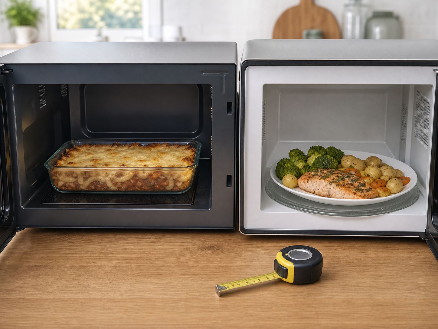 A flatbed microwave with a rectangular dish next to a turntable microwave with a large dinner plate