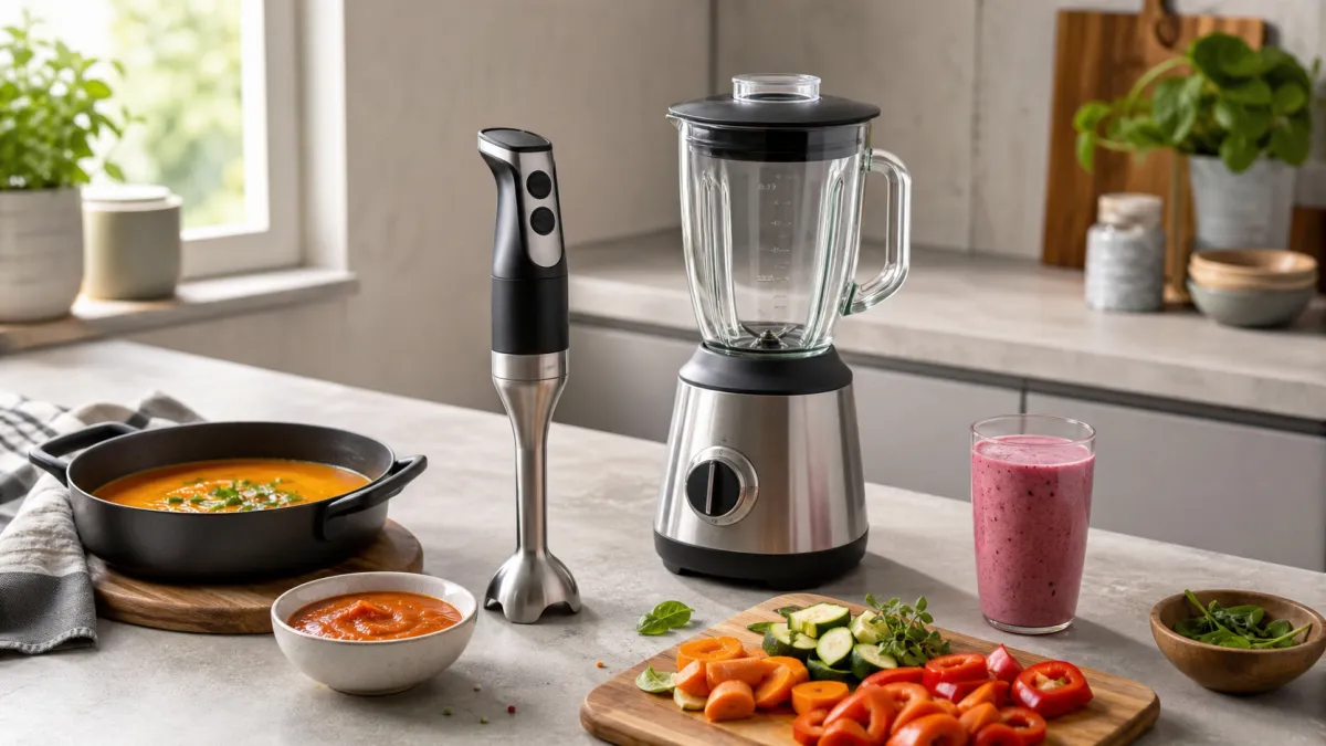 Hand blender and jug blender on a kitchen worktop with soup, sauce, smoothie and chopped vegetables