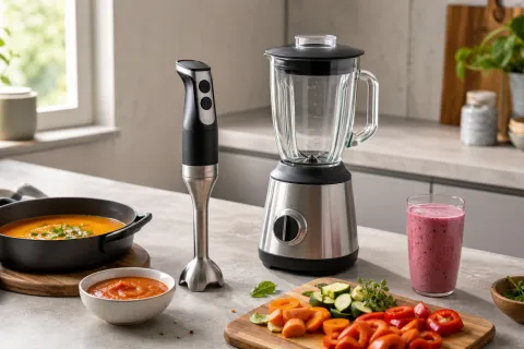 Hand blender and jug blender on a kitchen worktop with soup, sauce, smoothie and chopped vegetables