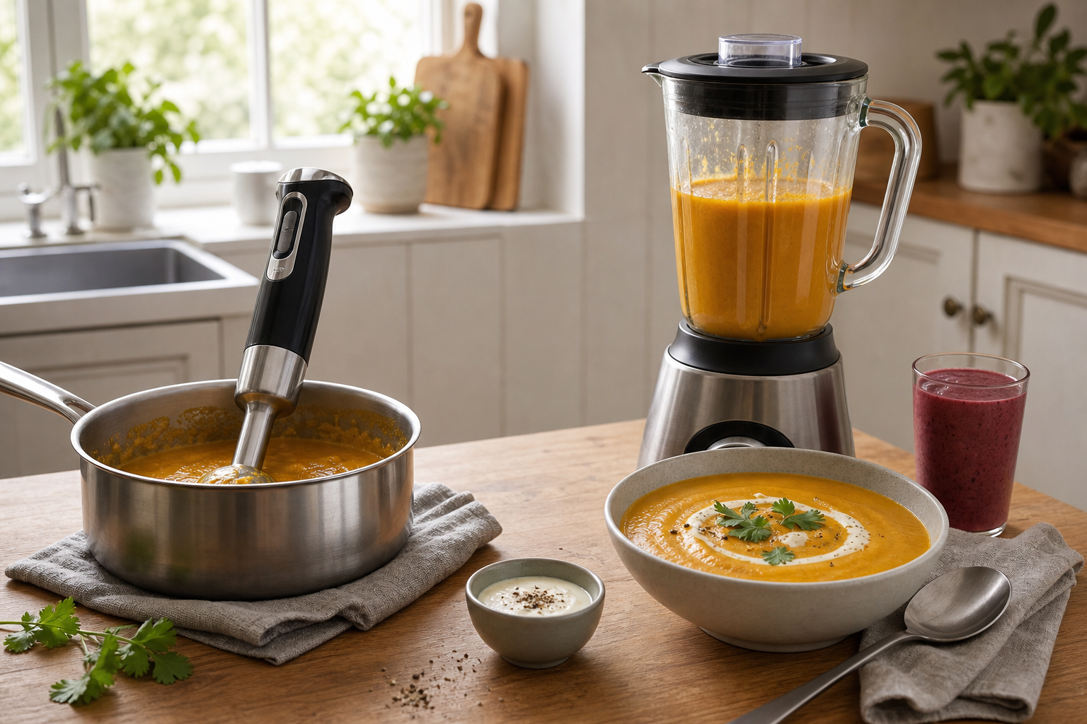 Hand blender blending soup in a saucepan beside a jug blender with a larger batch of soup and a smoothie glass