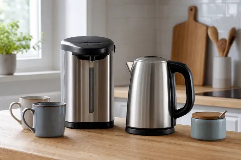Unbranded hot water dispenser beside a stainless-steel kettle and mugs on a kitchen worktop