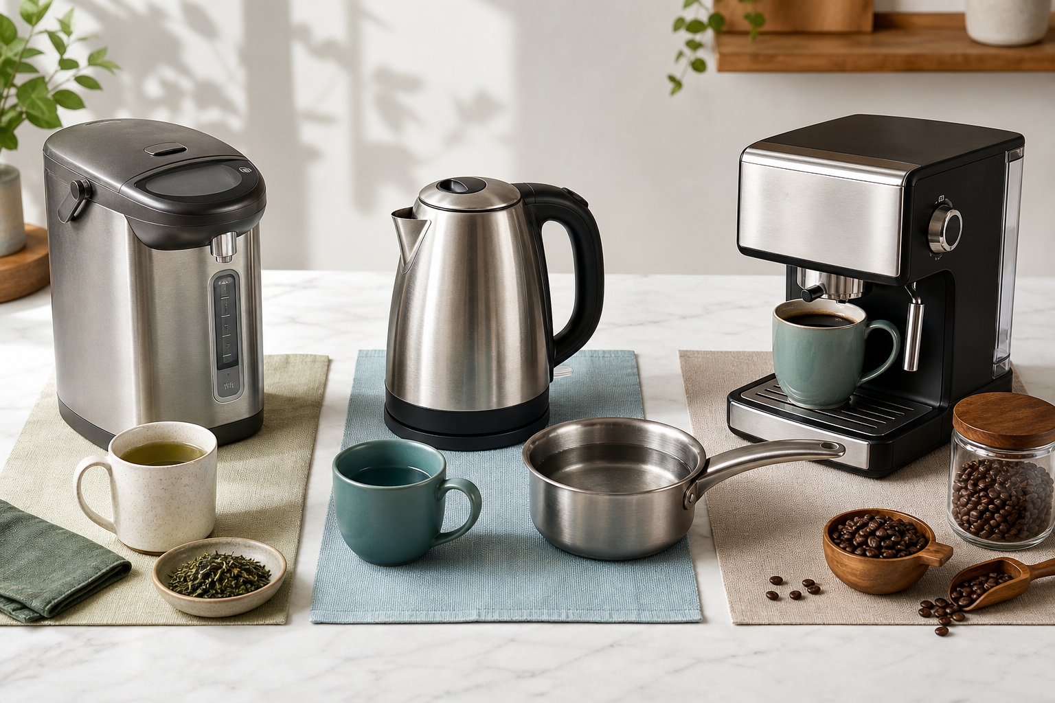 Hot water dispenser, electric kettle and coffee machine arranged as three everyday drink-making options