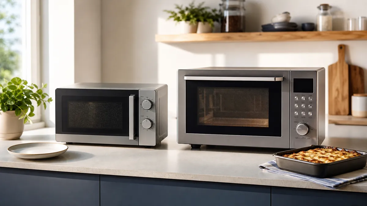 A compact solo microwave beside a larger combination microwave with an oven-browned dish on a kitchen worktop