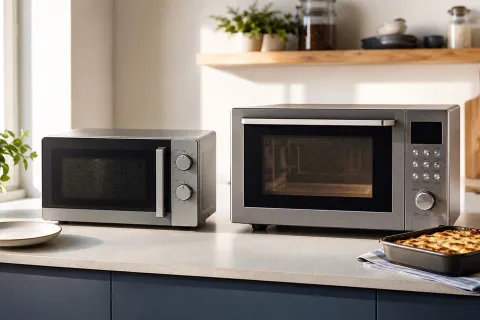 A compact solo microwave beside a larger combination microwave with an oven-browned dish on a kitchen worktop