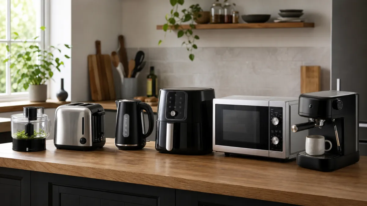 Air fryer, microwave, coffee machine, kettle, toaster and food processor arranged on a kitchen worktop