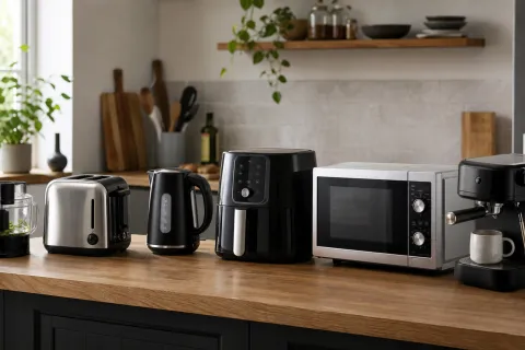Air fryer, microwave, coffee machine, kettle, toaster and food processor arranged on a kitchen worktop