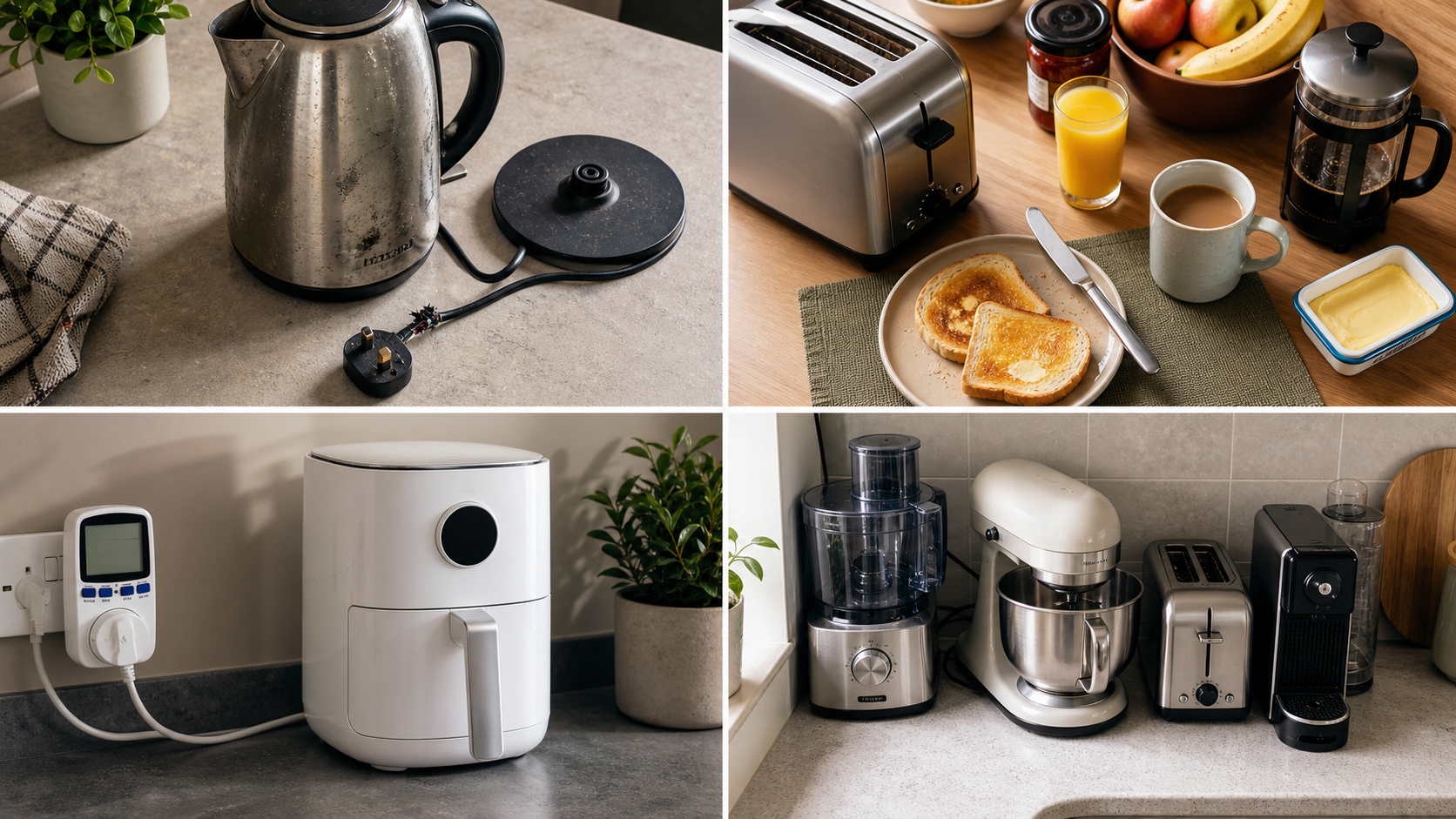 Four kitchen worktop scenes showing appliance reliability, breakfast friction, energy monitoring and crowded counter space