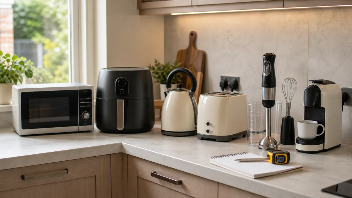 Compact kitchen worktop with a microwave, air fryer, kettle, toaster, hand blender and coffee machine arranged for space planning