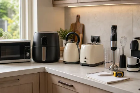 Compact kitchen worktop with a microwave, air fryer, kettle, toaster, hand blender and coffee machine arranged for space planning