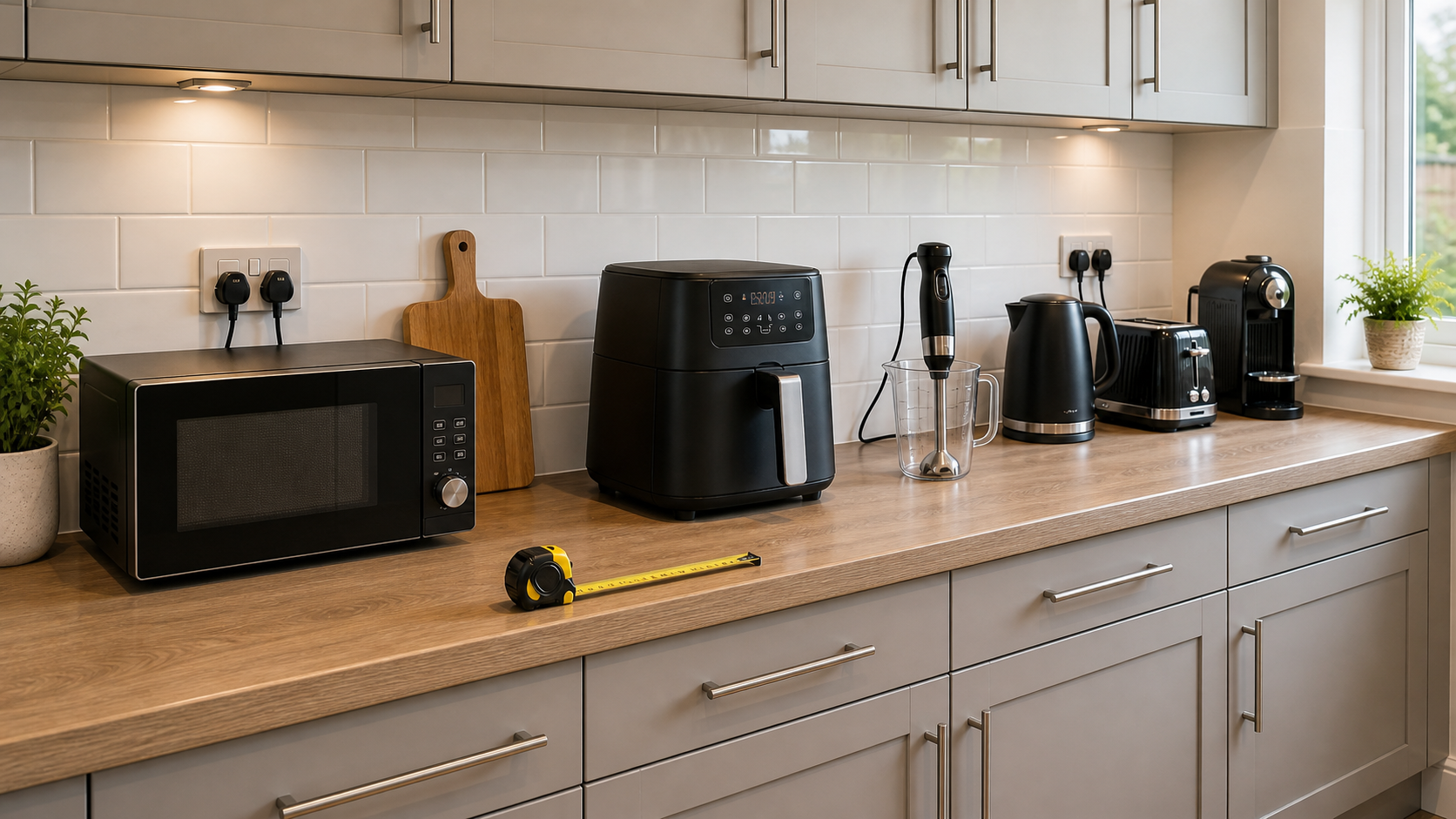 Compact kitchen worktop with microwave, air fryer, hand blender, kettle, toaster and coffee machine arranged with clear working space