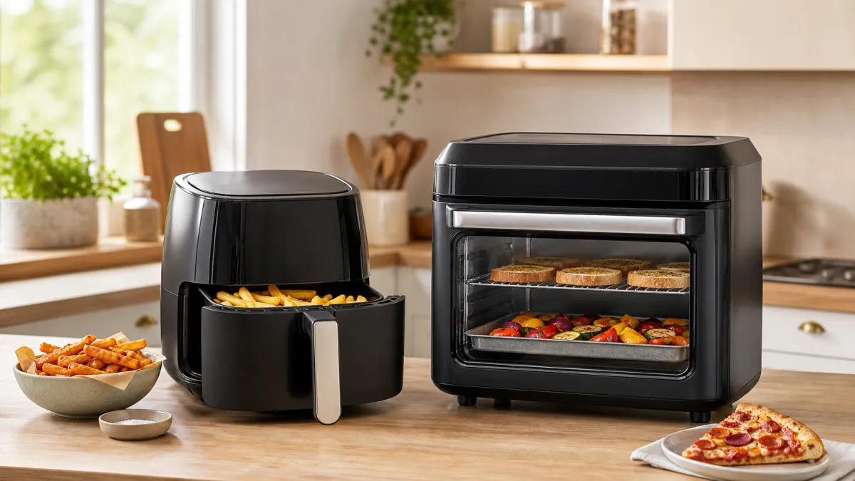 Basket air fryer beside an oven-style air fryer with trays and cooked food on a kitchen worktop