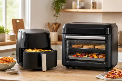 Basket air fryer beside an oven-style air fryer with trays and cooked food on a kitchen worktop