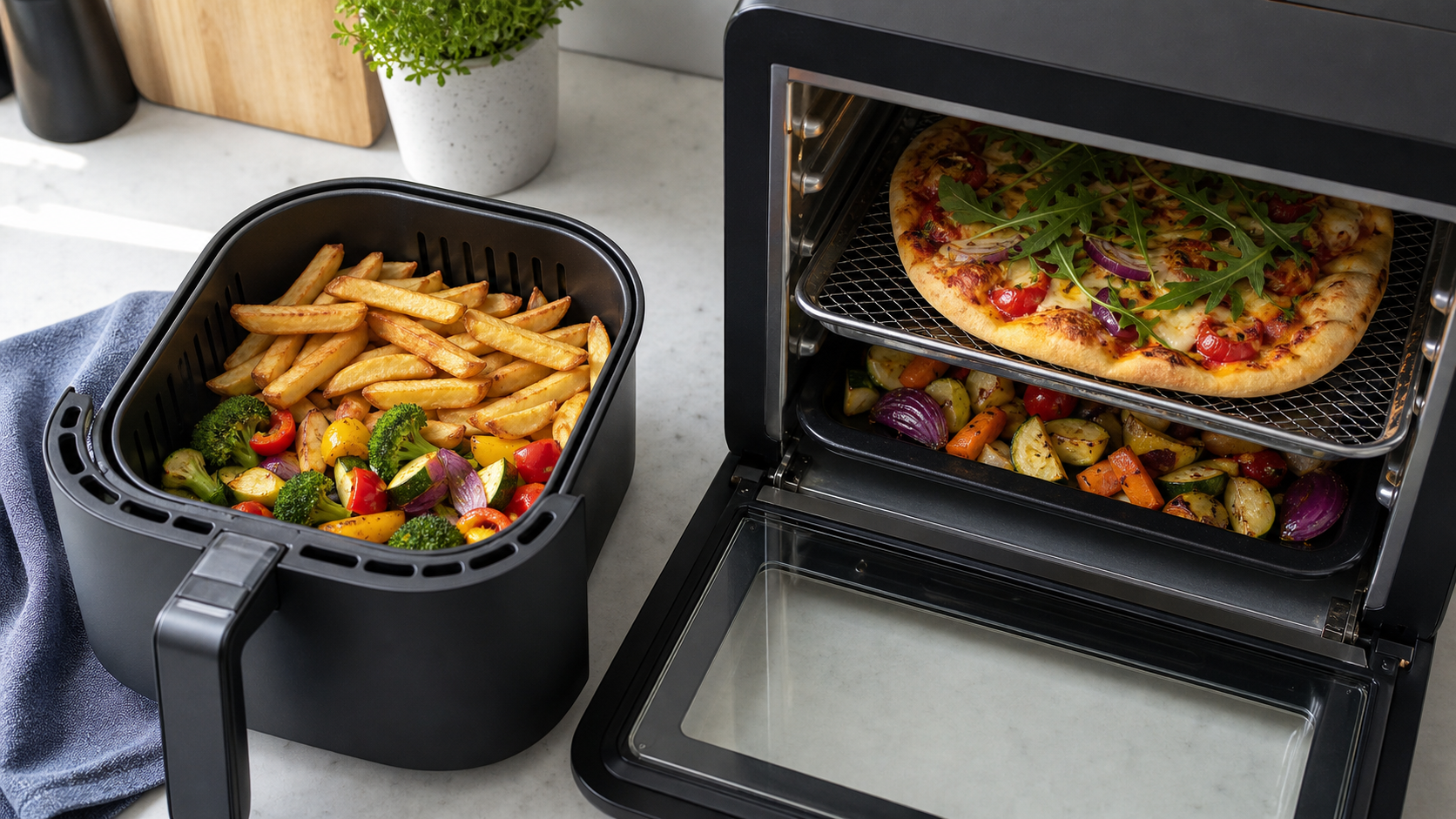 Basket air fryer drawer with chips and vegetables beside an oven-style air fryer with racks, pizza and roasted vegetables