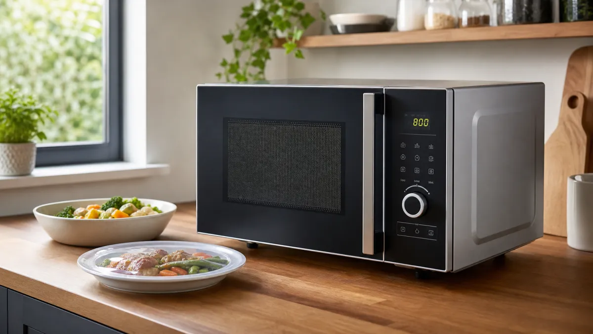 Black countertop microwave showing an 800W power display beside covered dishes on a kitchen worktop