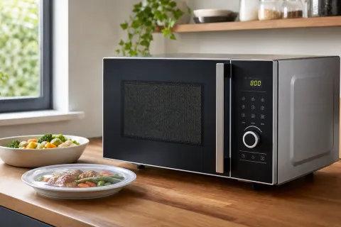 Black countertop microwave showing an 800W power display beside covered dishes on a kitchen worktop