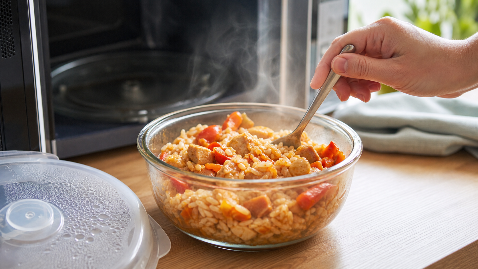 A bowl of hot leftovers being stirred beside an open microwave and a loose microwave cover