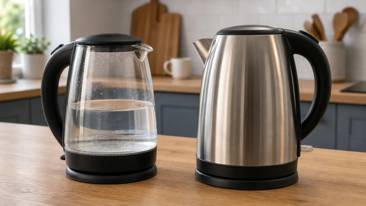 Glass electric kettle beside a brushed stainless steel kettle on a kitchen worktop