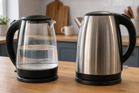 Glass electric kettle beside a brushed stainless steel kettle on a kitchen worktop