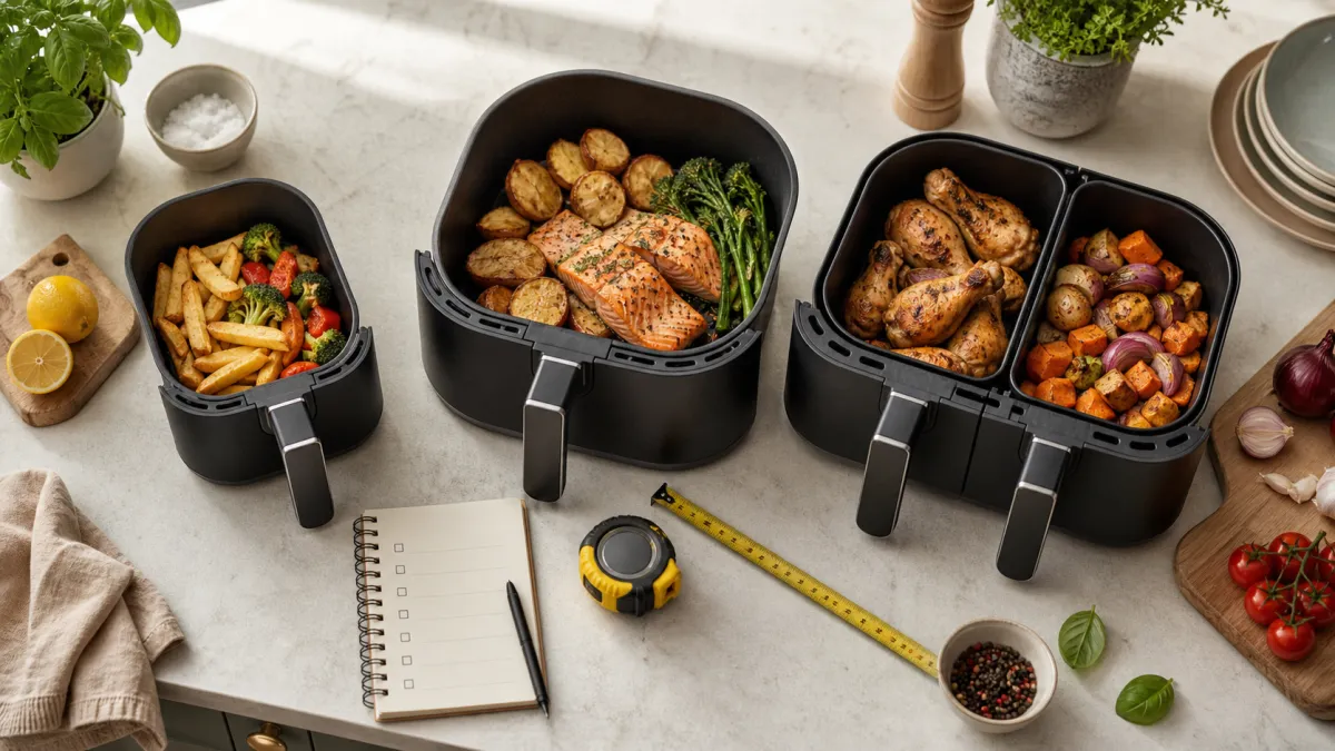 Three air fryer basket sizes with different meal portions on a kitchen worktop beside a tape measure and checklist