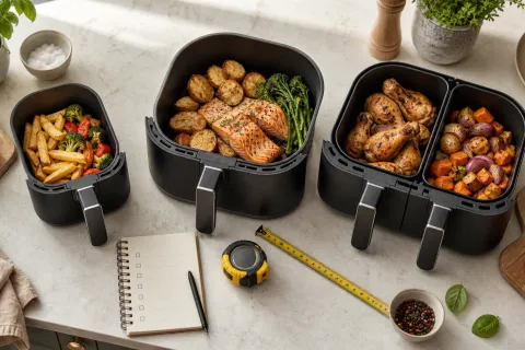 Three air fryer basket sizes with different meal portions on a kitchen worktop beside a tape measure and checklist
