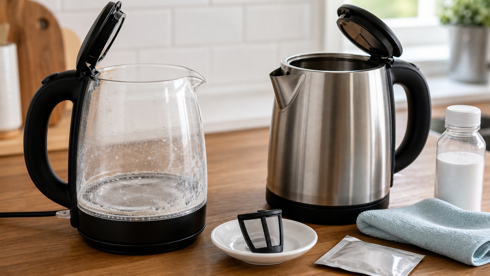 Open glass kettle with visible limescale beside a stainless steel kettle and removable limescale filter