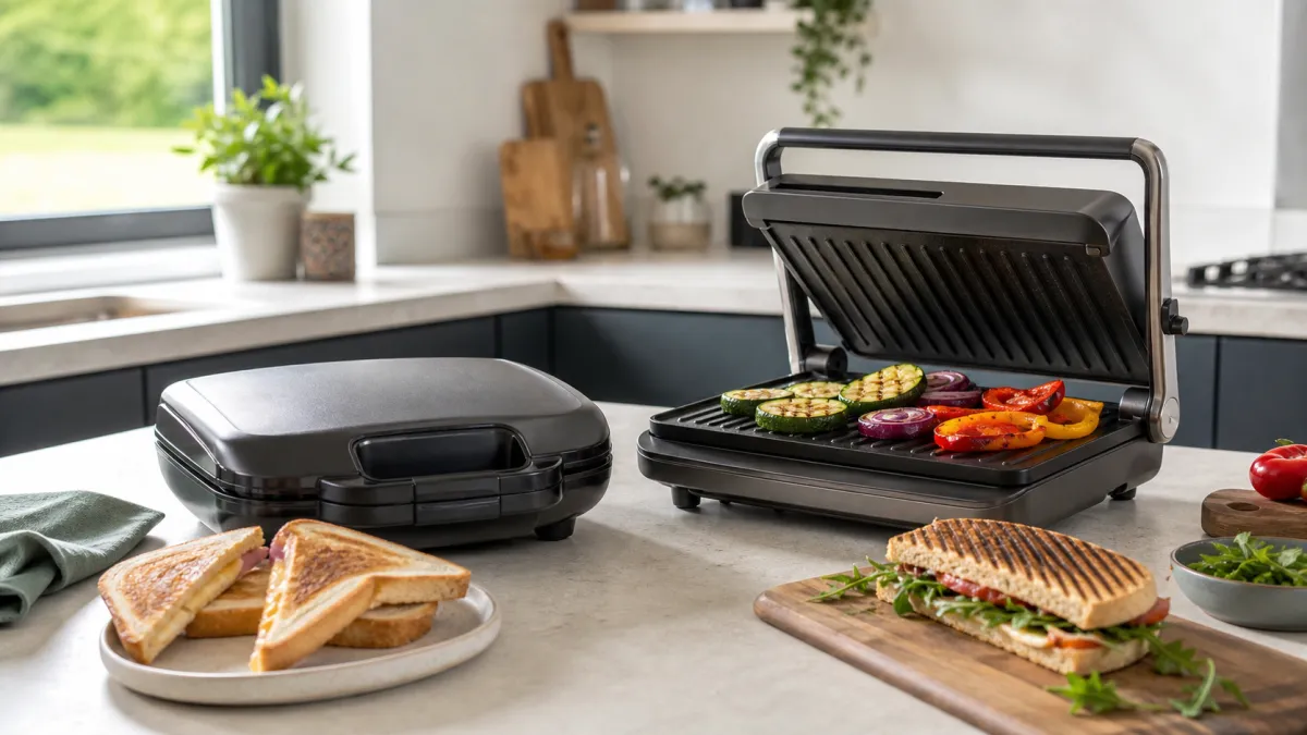 A sandwich toaster and an indoor grill on a kitchen worktop with toasties, grilled vegetables and a panini-style sandwich