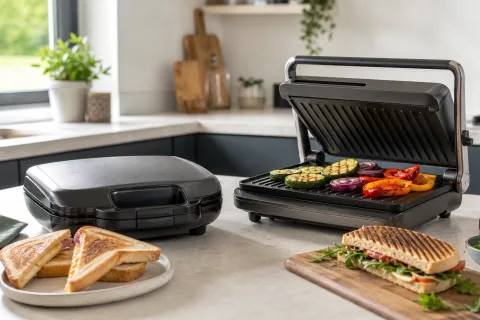 A sandwich toaster and an indoor grill on a kitchen worktop with toasties, grilled vegetables and a panini-style sandwich