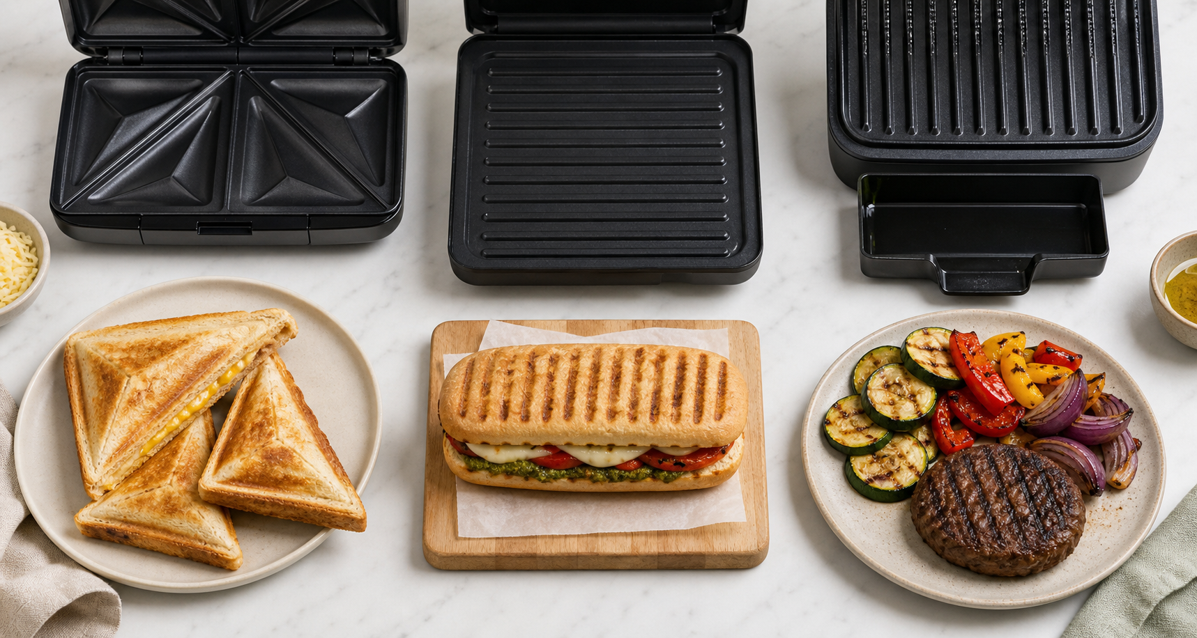 Sealed toasties, a panini-style sandwich and grilled vegetables with a burger shown beside sandwich toaster and indoor grill plates