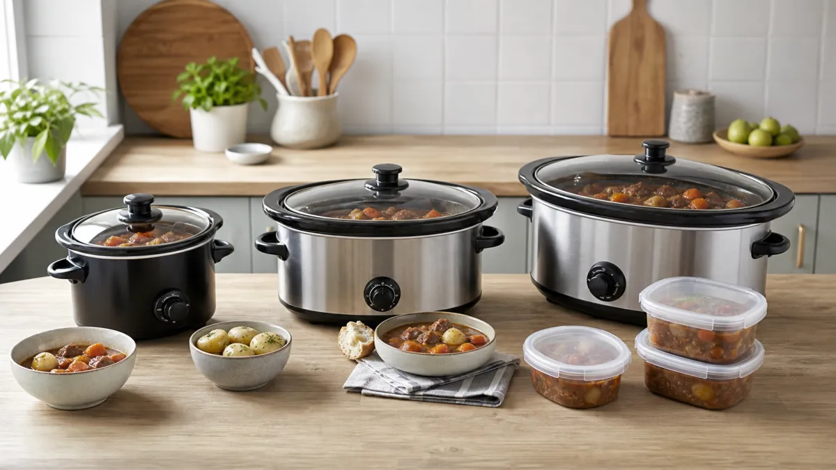 Three slow cookers of different sizes on a kitchen worktop with bowls and leftover containers