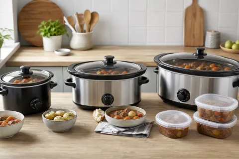 Three slow cookers of different sizes on a kitchen worktop with bowls and leftover containers