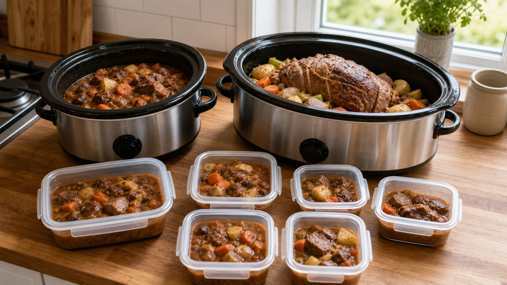 Round and oval slow cooker pots with stew, roast meat and portioned leftover containers