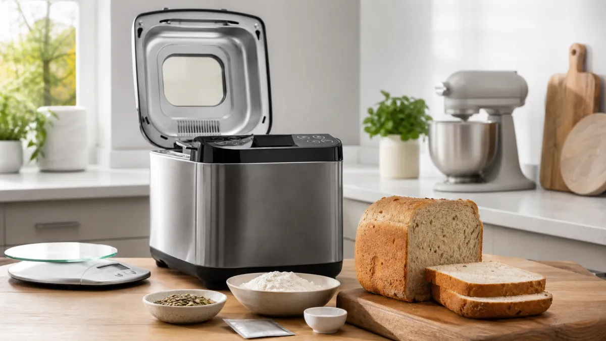 Open breadmaker on a kitchen worktop with sliced bread, seeds, flour, kitchen scales and a stand mixer nearby